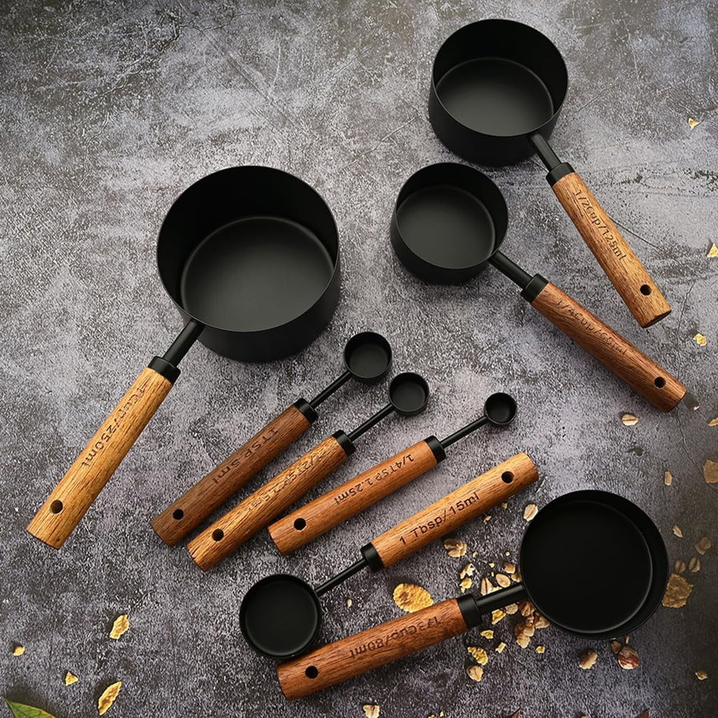 8 pieces Golden Measuring Cups Set and Measuring Spoons Set with Scale Wooden Handle Stainless Steel Dry & Liquid Measuring Cup for Cooking Baking – Convenient Carry Handles for Flexible Room-to-Room Use