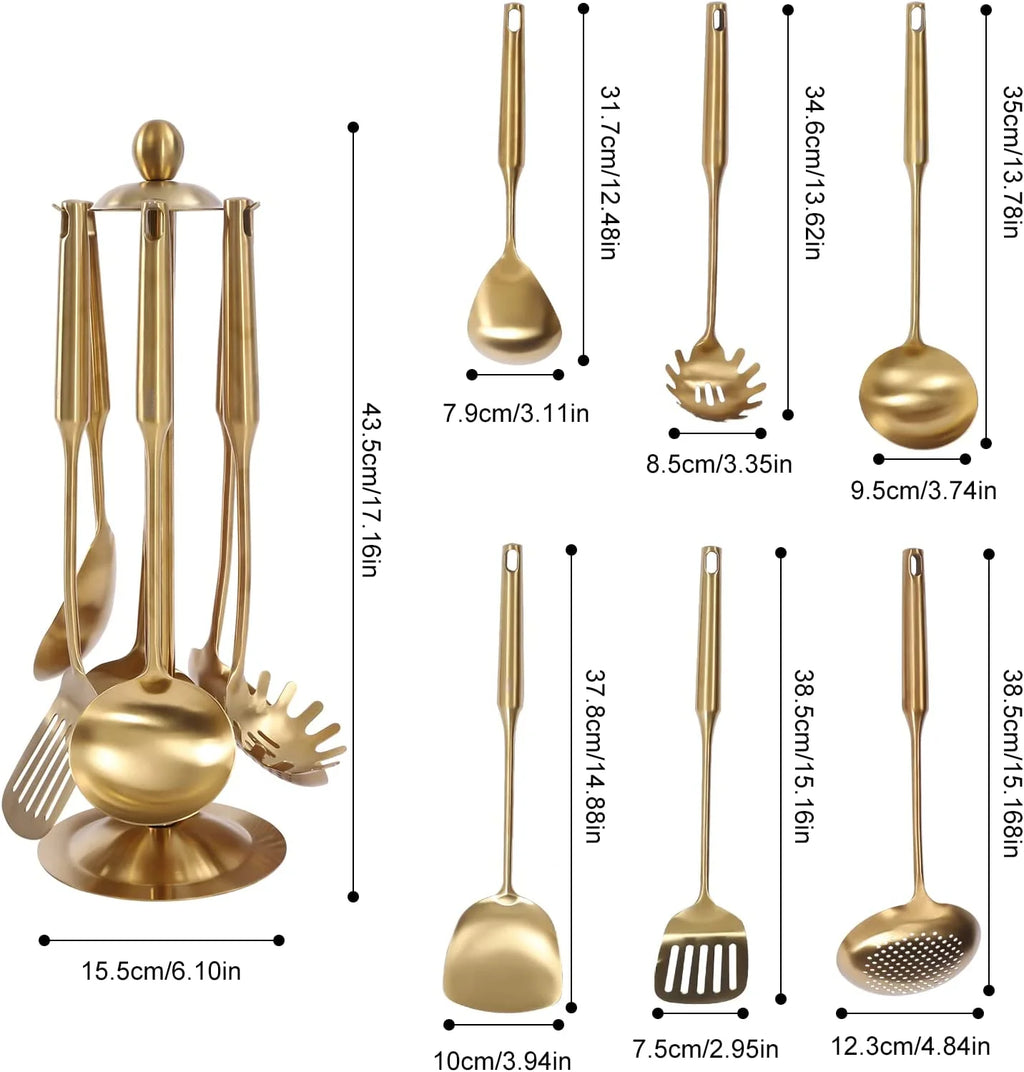 7pcs/ Set Gold Cooking Utensils Suitable for everyday use Kitchen Tool with Holder Stainless Steel – Durable Stainless Steel Construction for Flexible Room-to-Room Use