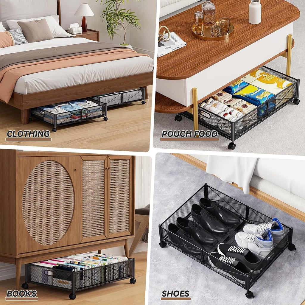 Under Bed Storage Containers with Wheels - Shoe Storage Organizer Drawer Tool-free Assembly Metal Underbed Storage for Bedroom Clothes Shoes Blankets - 2Pack – Multiroom Organization Format for Flexible Room-to-Room Use