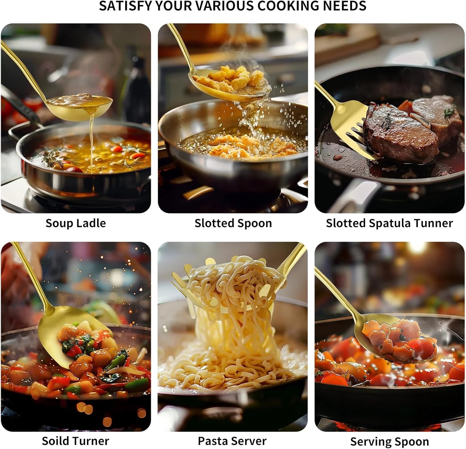 304 Stainless Steel Cooking Utensils,6 Pcs Kitchen Cooking Utensils Set with Spatula Solid Spoon Ladle Skimmer Spaghetti Spoon,Dishwasher Suitable(Gold) – Durable Stainless Steel Construction for Flexible Room-to-Room Use