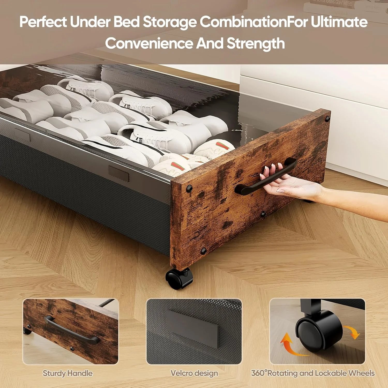 Wooden Under Bed Storage with Wheels Rolling Under the Bed Storage Bins with Removable Lid Metal Under Bed Drawers for Clothes and Shoes in Bedroom or Living Room(Black Wood-2pack) – Easy-Roll Mobility for Flexible Room-to-Room Use