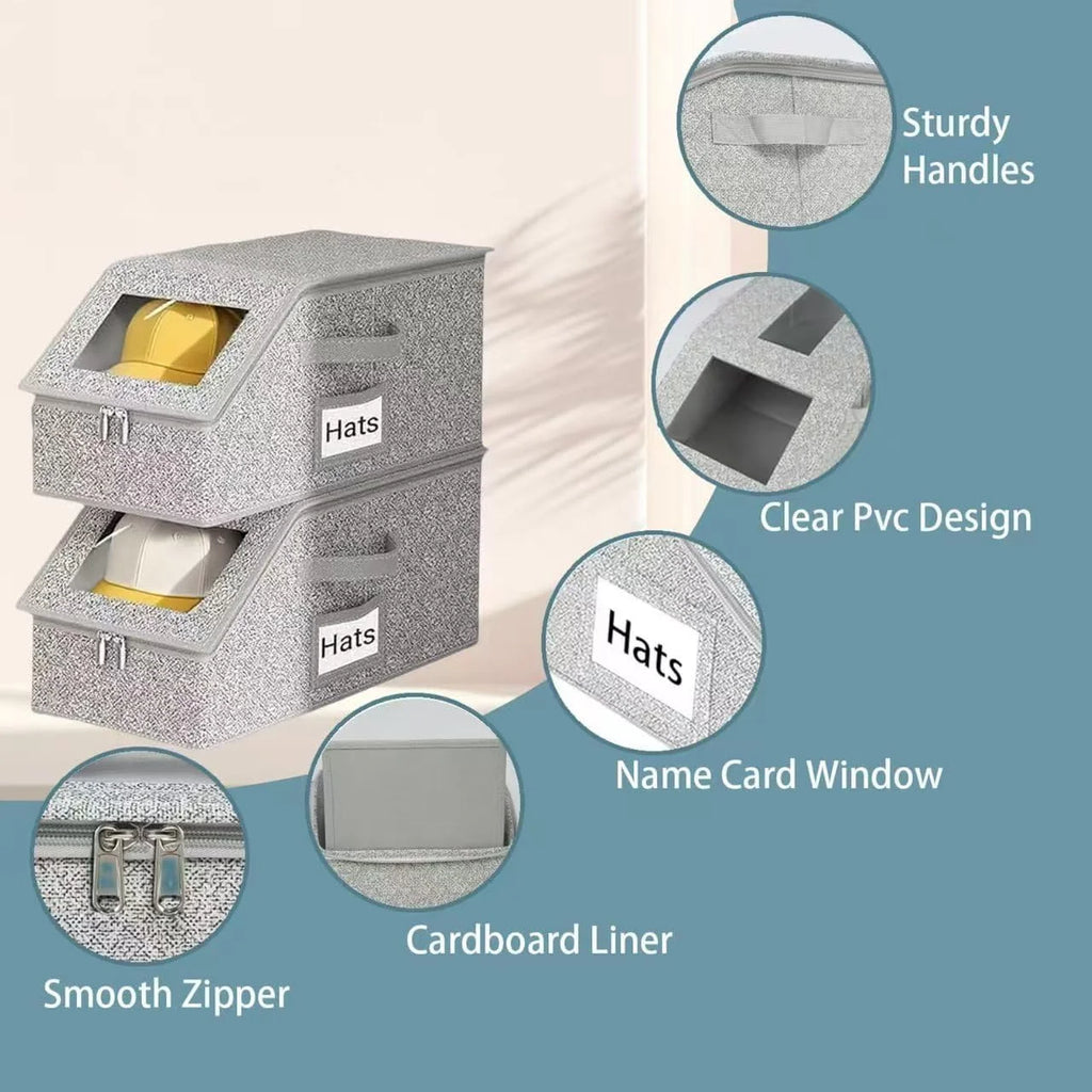 4 PCS Stackable Hat Storage for Baseball Caps Hat Storage Boxes for Closet Holds up to 12 Caps with Cardboard Hat Organizer for Women & Men (Grey) – Stackable Organization for Flexible Room-to-Room Use