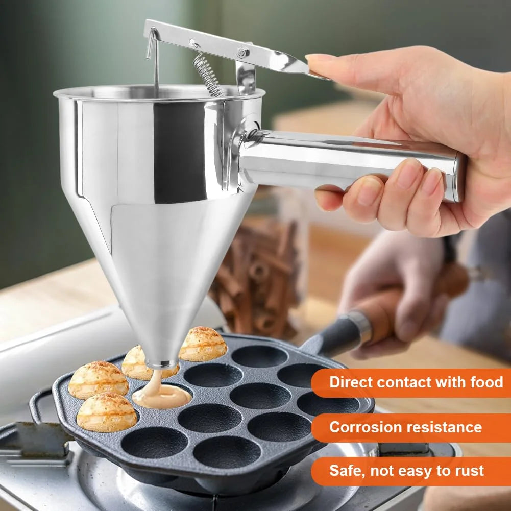 Stainless Steel Pancake Batter Dispenser with Squeeze Handle Kitchen Funnel Tools Pancake Dispenser for Pancakes Cupcakes Takoyaki and Baked Goods – Convenient Carry Handles for Flexible Room-to-Room Use