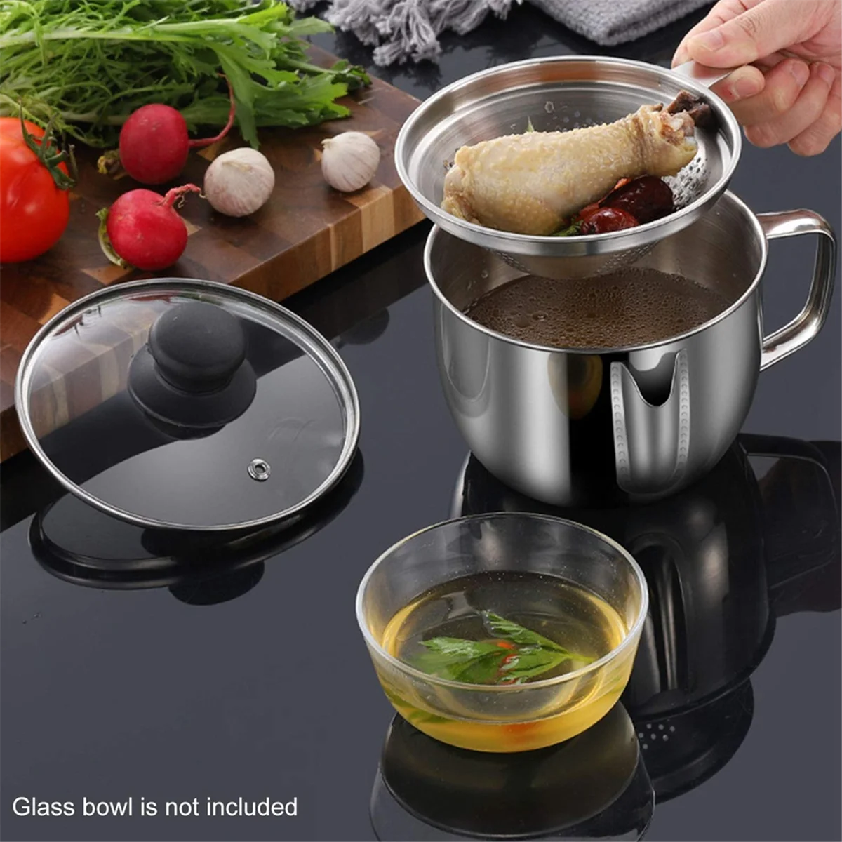 Stainless Steel Fat Separator 1L/4 Cup Gravy Grease with Strainer and Glass Lid Soup Oil Cup – Durable Stainless Steel Construction for Flexible Room-to-Room Use