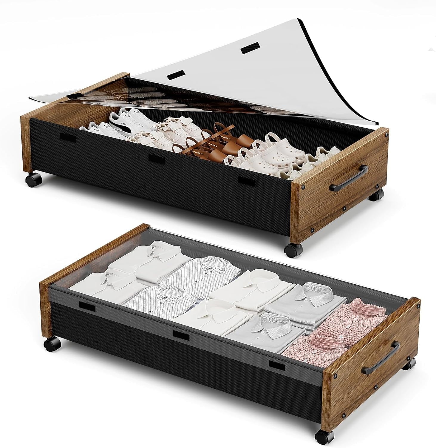 Wooden Under Bed Storage with Wheels Rolling Under the Bed Storage Bins with Removable Lid Metal Under Bed Drawers for Clothes and Shoes in Bedroom or Living Room(Black Wood-2pack) – Easy-Roll Mobility for Flexible Room-to-Room Use