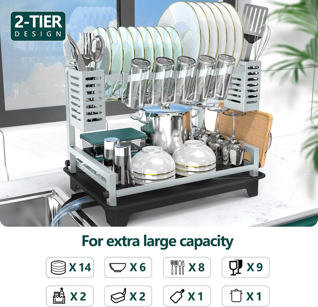 Dish Drying Rack: 2 Tier Dish Racks for Kitchen Counter and Sink - Large Dish Drying Rack with Drainboard & Utensil Holders - Stainless Steel Dish Drainers Kitchen Organization and – Durable Stainless Steel Construction for Flexible Room-to-Room Use