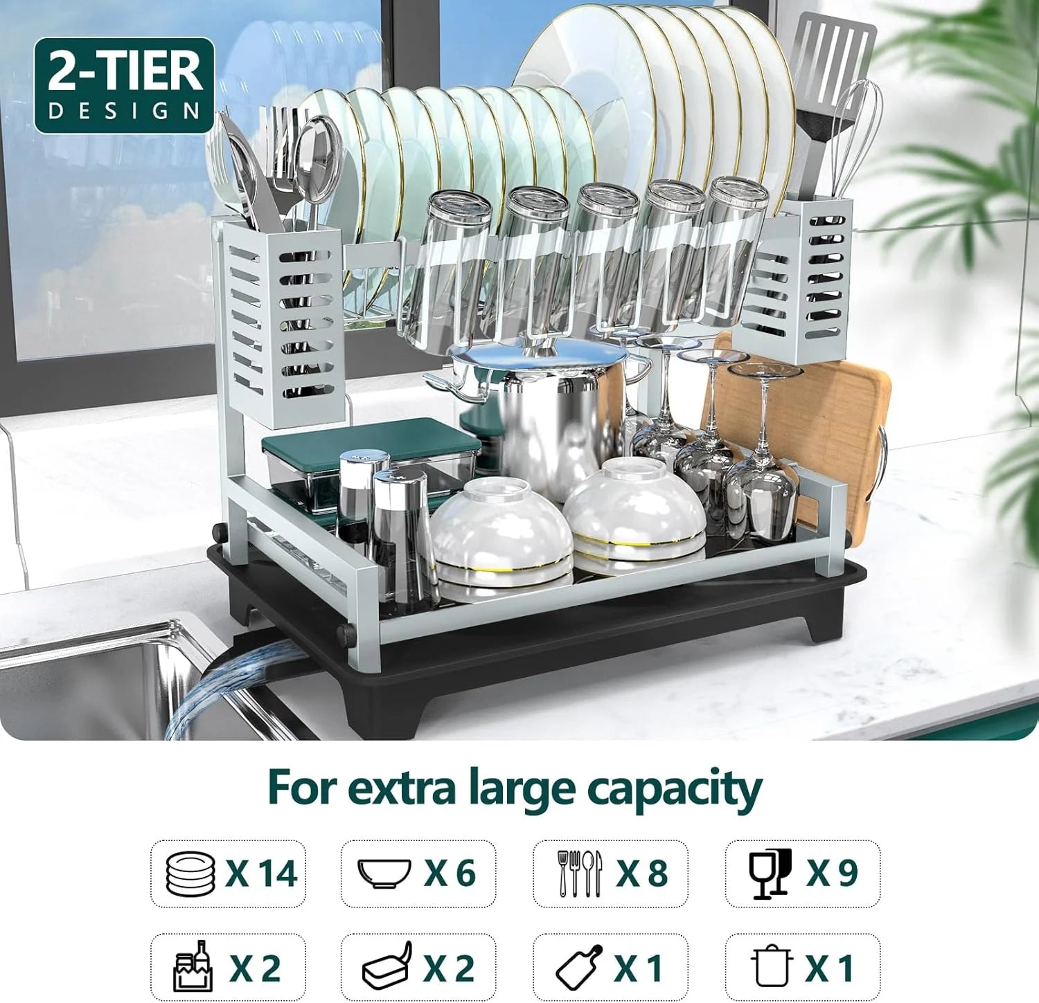 Dish Drying Rack: 2 Tier Dish Racks for Kitchen Counter and Sink - Large Dish Drying Rack with Drainboard & Utensil Holders - Stainless Steel Dish Drainers Kitchen Organization and – Durable Stainless Steel Construction for Flexible Room-to-Room Use