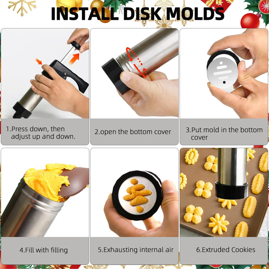 Stainless Steel Cookies Press Cookies Press for Baking,Cookie Press Gun Kit with 13 Cookie Discs and 8 Piping Tips for DIY cake Maker Decorating Baking Supplies – Durable Stainless Steel Construction for Flexible Room-to-Room Use