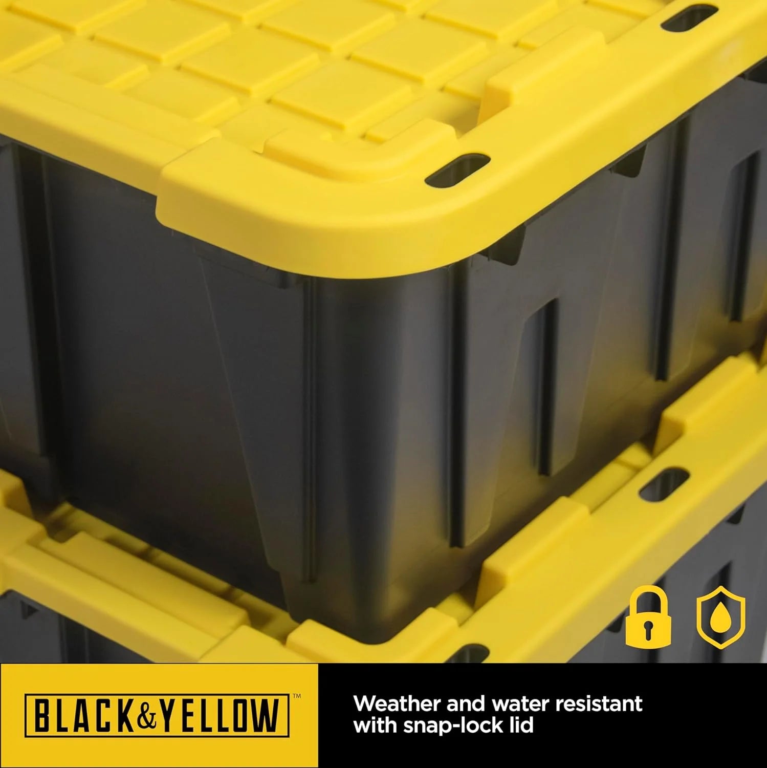 BLACK & YELLOW 27-Gallon Heavy Duty Tough Storage Container & Snap-Tight Lid (14.3"H x 20.6"W x 30.6"D) Weather-Resistant Design and Stackable Organization Tote [4 Pack] – Stackable Organization for Flexible Room-to-Room Use
