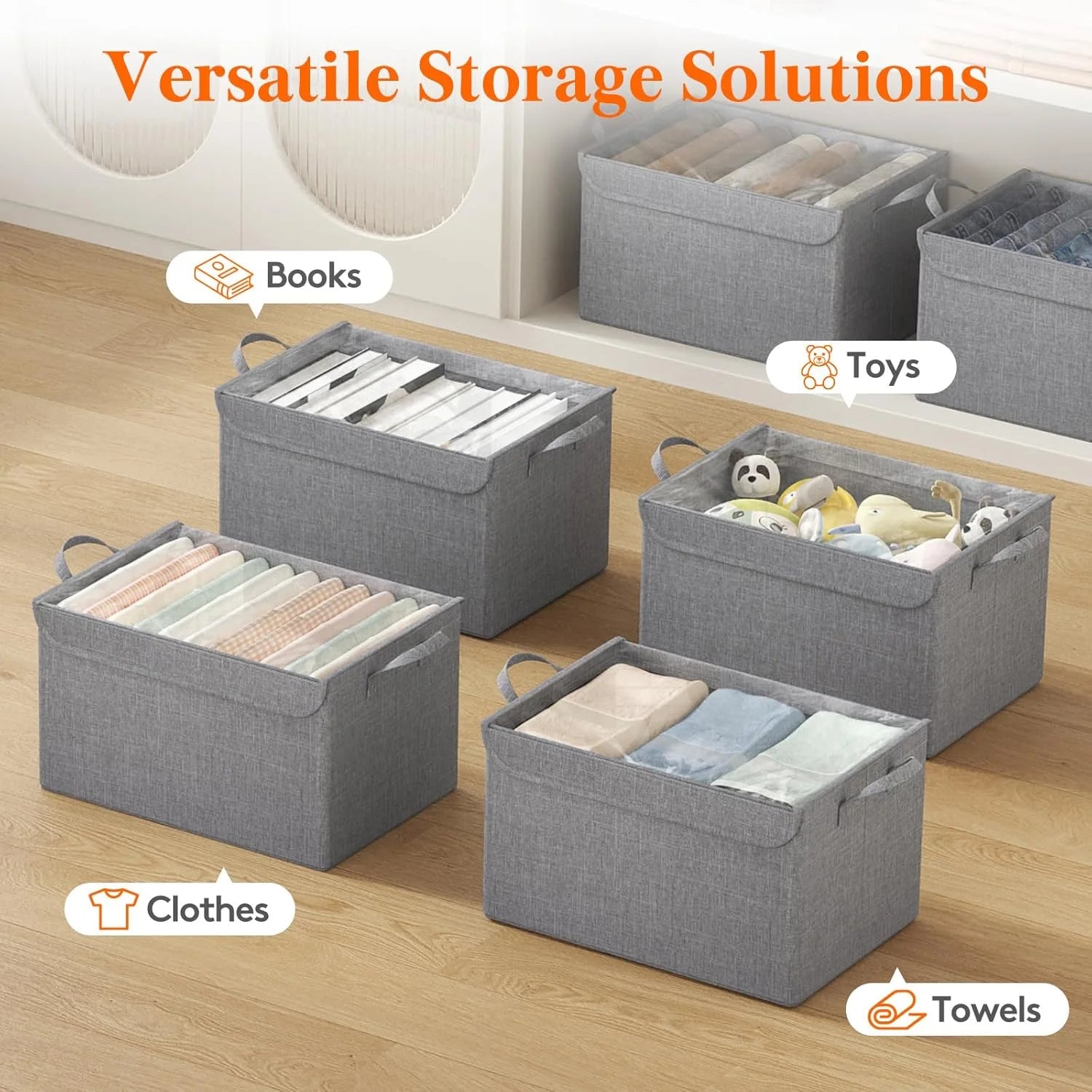 Fabric Storage Boxes 6 Pcs Stackable Storage Bins with Clear Lids Foldable Oxford Cloth Cube Closet Organizer Baskets Clothes Containers for Towels Blankets Books Light Grey-Large – Foldable Space-Saving Design for Flexible Room-to-Room Use