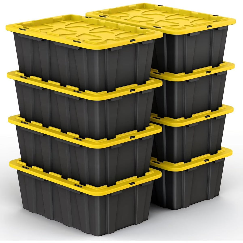8 PACK of Medium 12 Gallon Plastic Storage Bin Tote Organizing Container with Ultra Durable Secure Latching Lids Stackable Extra Strength Clear with Built in Handle - Black and Yellow – Stackable Organization for Flexible Room-to-Room Use