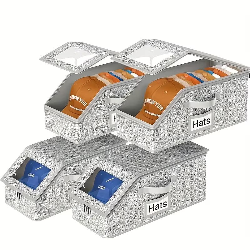 4 PCS Stackable Hat Storage for Baseball Caps Hat Storage Boxes for Closet Holds up to 12 Caps with Cardboard Hat Organizer for Women & Men (Grey) – Stackable Organization for Flexible Room-to-Room Use