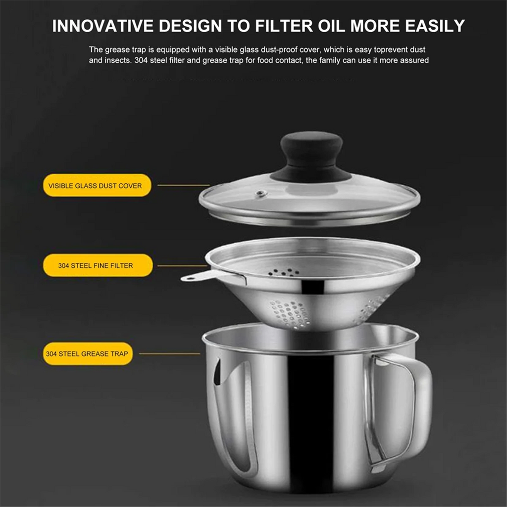Stainless Steel Fat Separator 1L/4 Cup Gravy Grease with Strainer and Glass Lid Soup Oil Cup – Durable Stainless Steel Construction for Flexible Room-to-Room Use