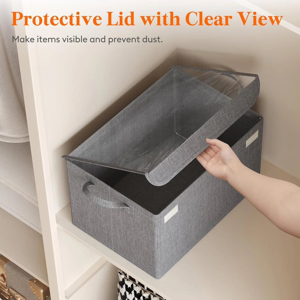 Fabric Storage Boxes 6 Pcs Stackable Storage Bins with Clear Lids Foldable Oxford Cloth Cube Closet Organizer Baskets Clothes Containers for Towels Blankets Books Light Grey-Large – Foldable Space-Saving Design for Flexible Room-to-Room Use
