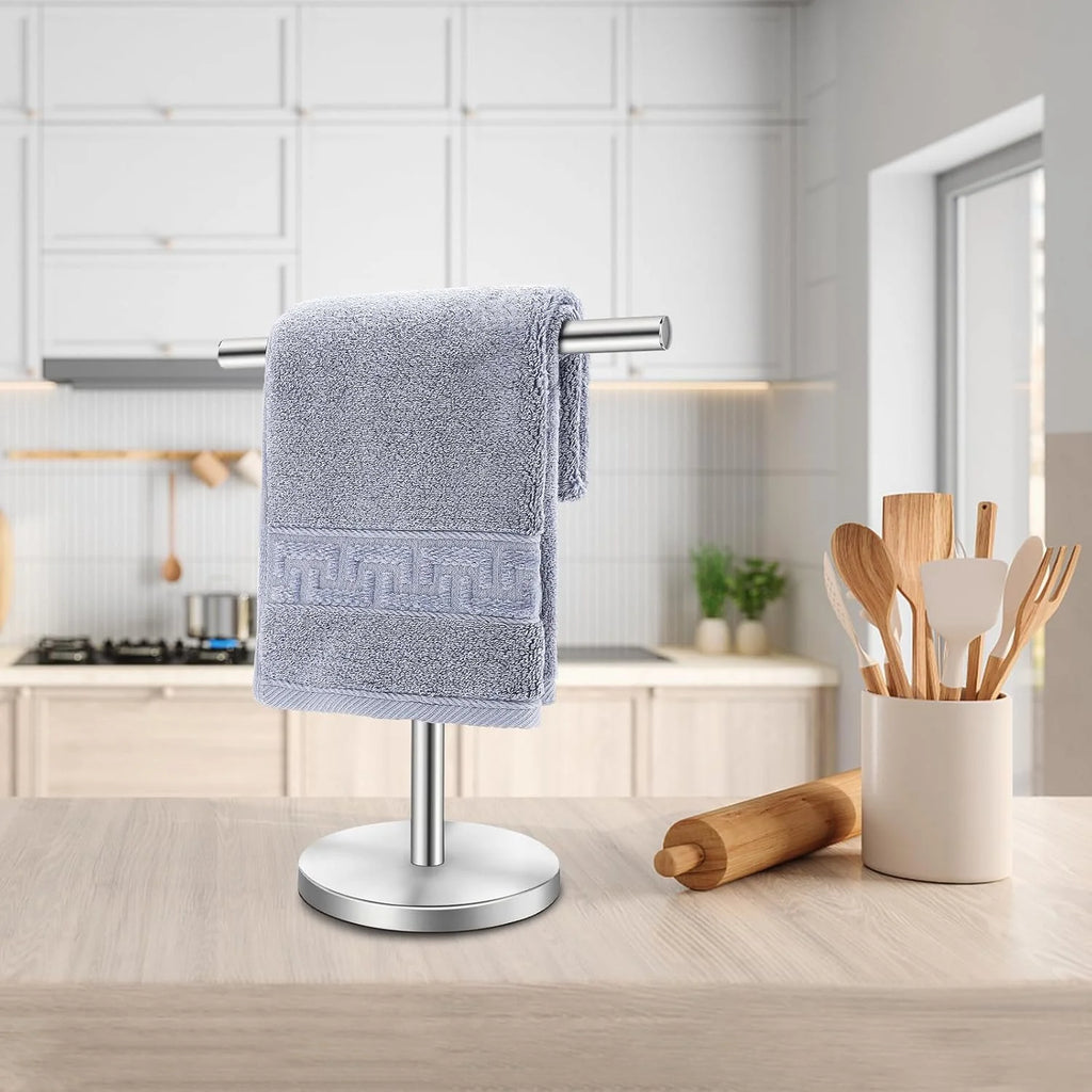T-Shape Bath Hand Towel Holder Stand Stainless Steel Free Standing Hand Towel Rack with Heavy Base for Bathroom Kitchen & Countertop Silver 2 Pack – Durable Stainless Steel Construction for Flexible Room-to-Room Use