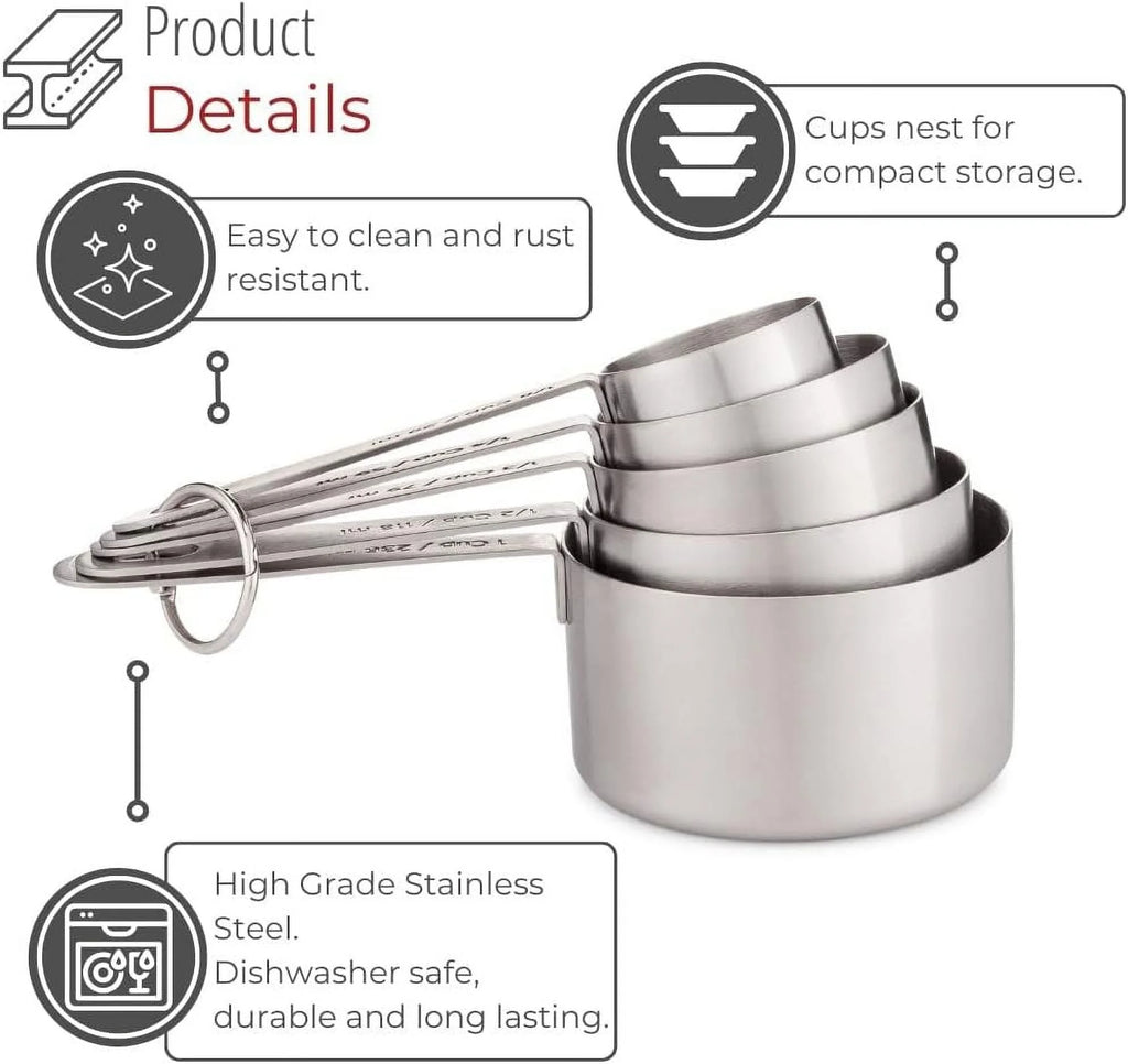 Stainless Steel Measuring Cups Heavy-Duty 5-Piece Set with Storage Ring – Kitchen Measuring Tools – Durable Stainless Steel Construction for Flexible Room-to-Room Use