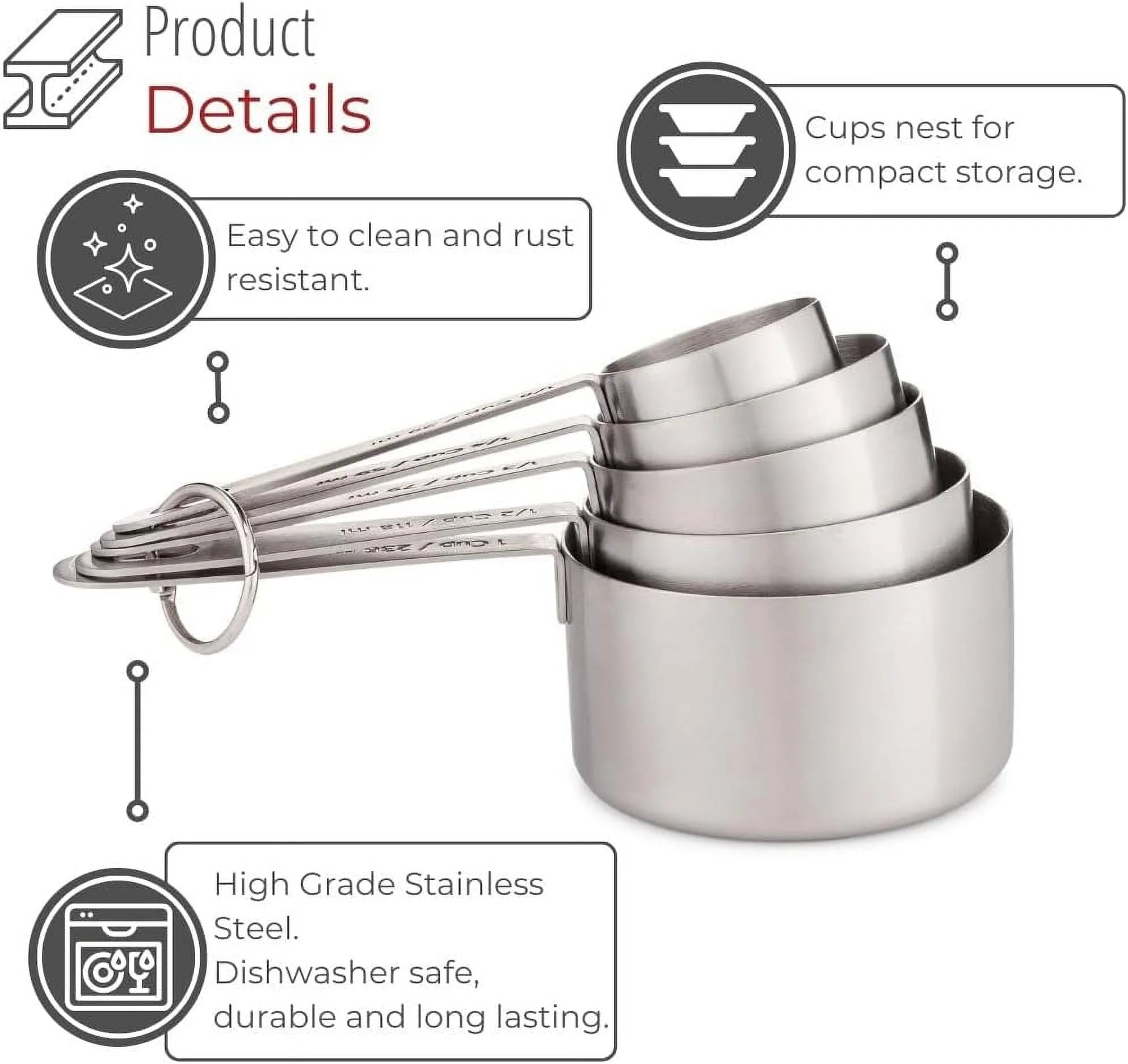 Stainless Steel Measuring Cups Heavy-Duty 5-Piece Set with Storage Ring – Kitchen Measuring Tools – Durable Stainless Steel Construction for Flexible Room-to-Room Use
