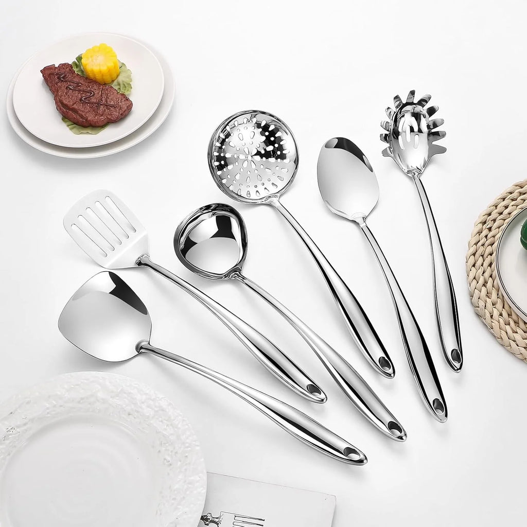 304 Stainless Steel Cooking Utensils Set,6 Pcs Long Metal Kitchen Utensils Set with Spatula Solid Spoon Ladle Skimmer Spaghetti Spoon,Dishwasher Suitable – Durable Stainless Steel Construction for Flexible Room-to-Room Use