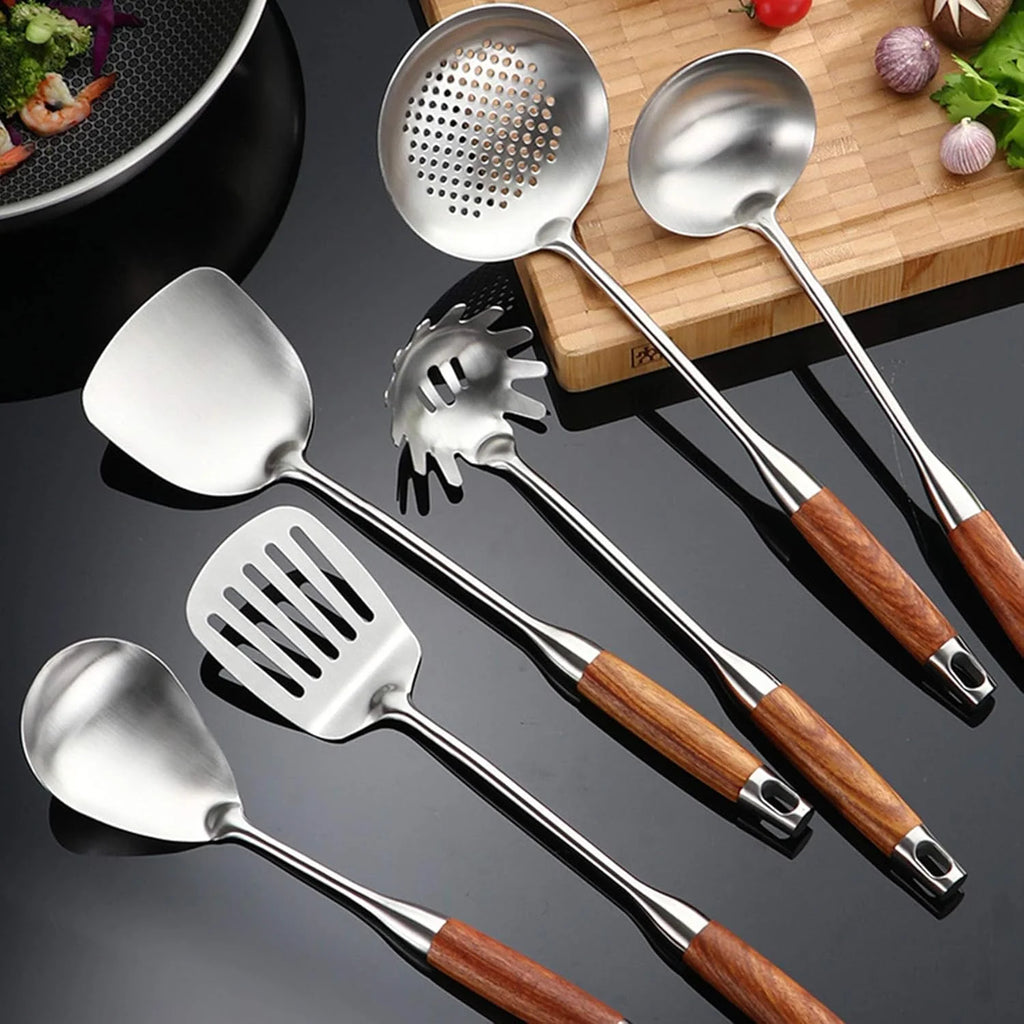 Cooking Utensils Set,7pcs 304 Stainless Steel Kitchen Utensils Set with Holder,Heat Resistant Wooden Handle Kitchen Tools – Convenient Carry Handles for Flexible Room-to-Room Use