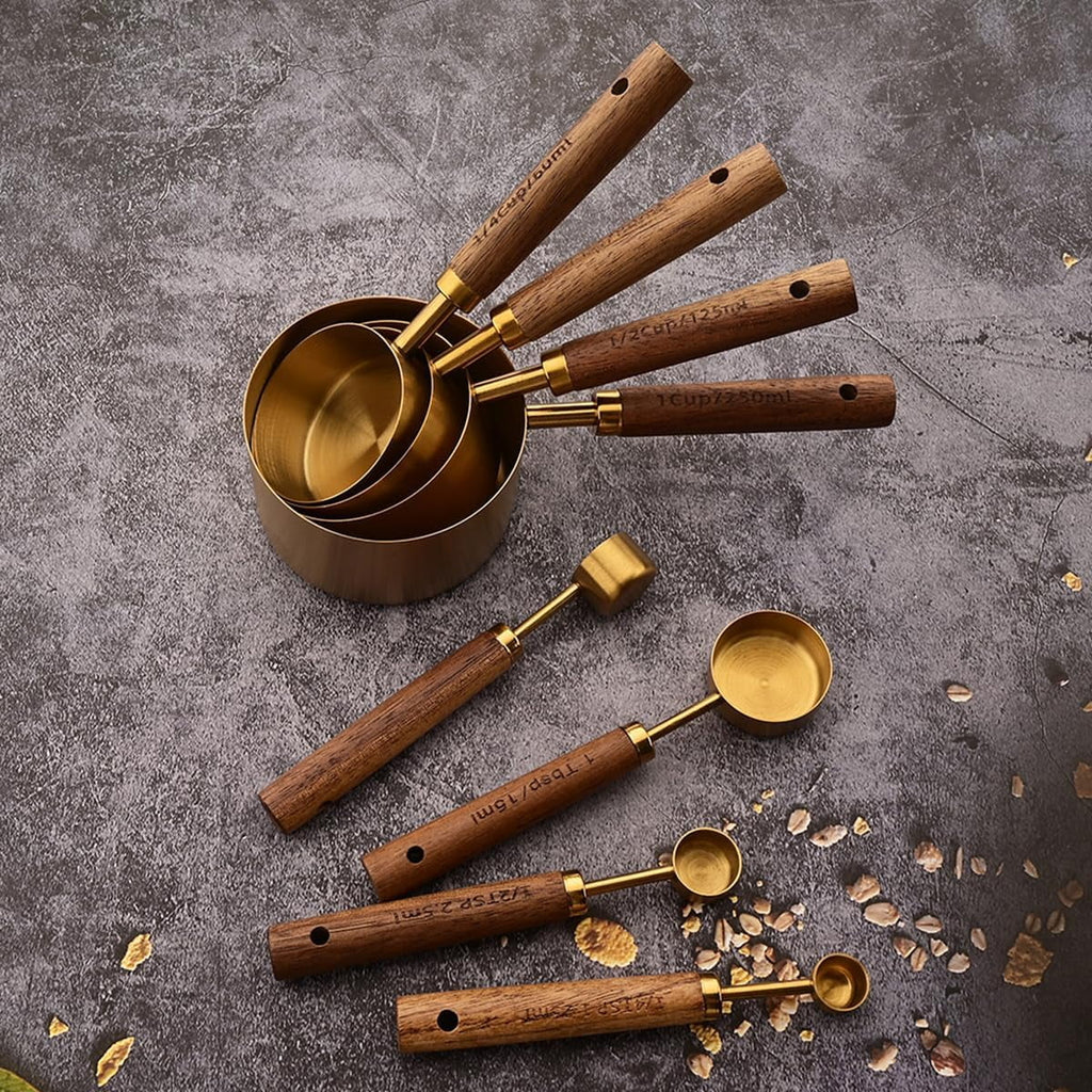 8 pieces Golden Measuring Cups Set and Measuring Spoons Set with Scale Wooden Handle Stainless Steel Dry & Liquid Measuring Cup for Cooking Baking – Convenient Carry Handles for Flexible Room-to-Room Use