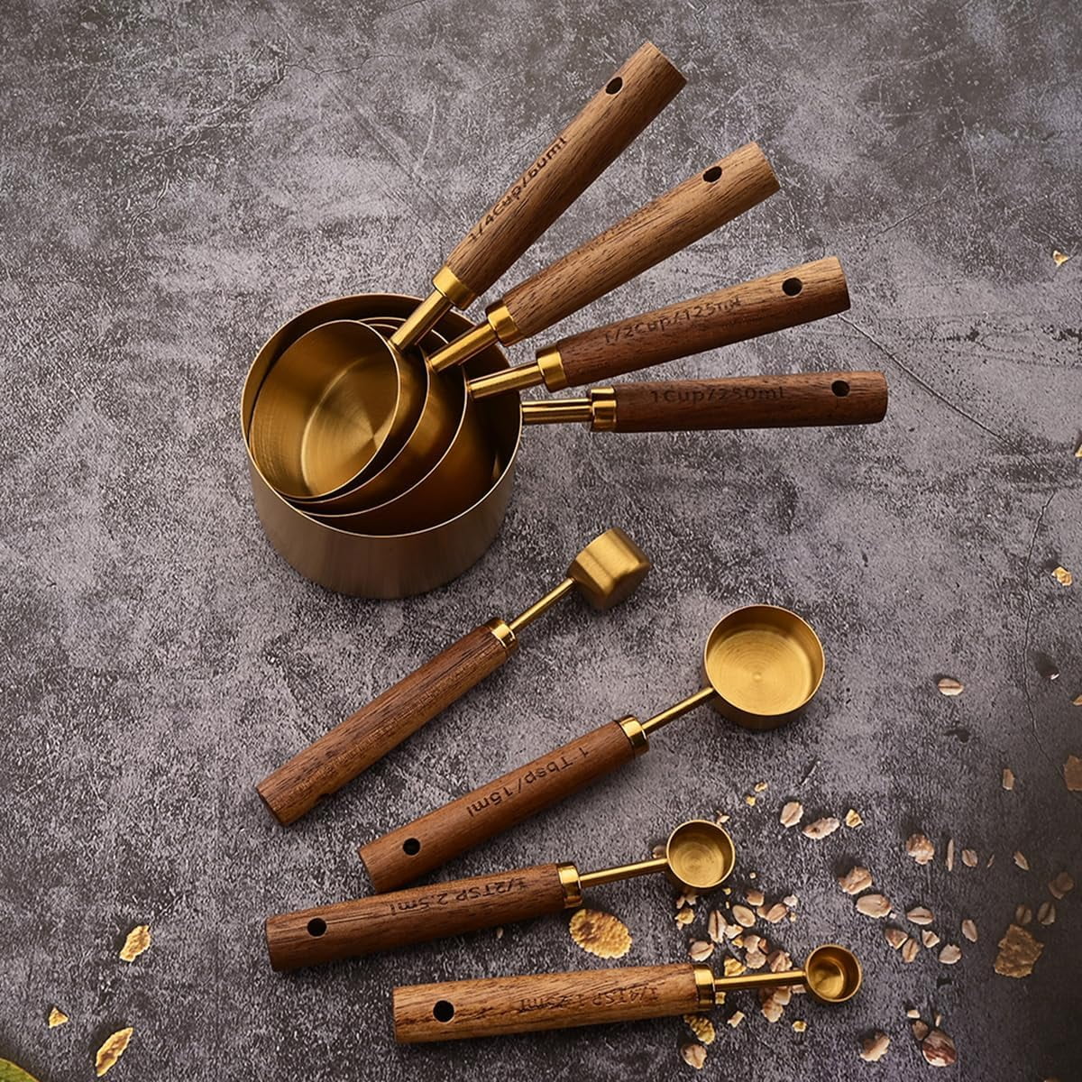 8 pieces Golden Measuring Cups Set and Measuring Spoons Set with Scale Wooden Handle Stainless Steel Dry & Liquid Measuring Cup for Cooking Baking – Convenient Carry Handles for Flexible Room-to-Room Use