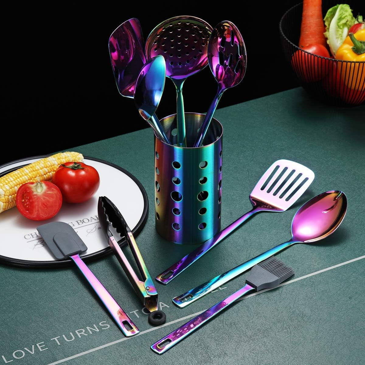 Rainbow Kitchen Utensil Set 13-Piece Stainless Steel Cookware Set Titanium Rainbow Plating Kitchen Tool Set with Cutlery Holder Suitable for Non-stick Cookware Dishwasher Suitable – Durable Stainless Steel Construction for Flexible Room-to-Room Use