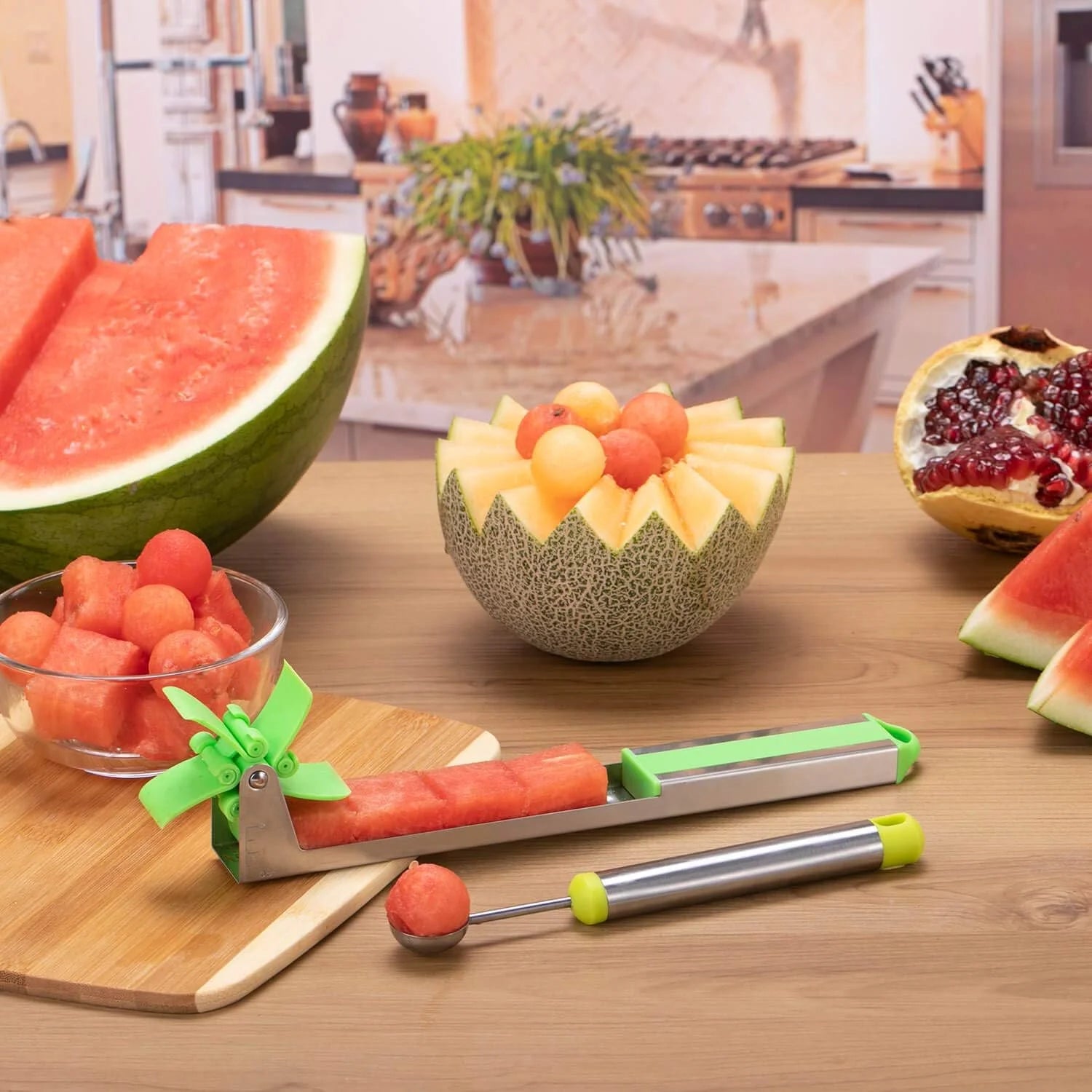 Watermelon Windmill Cutter Slicer Stainless Steel Shape Fruit Tools Quickly Cut Tool Kitchen Gadgets with Melon Scoop – Durable Stainless Steel Construction for Flexible Room-to-Room Use