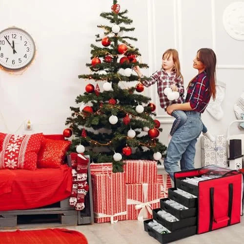 Christmas Ornament Storage Containers -Holds Up to 100 Holiday Ornaments with 5 Removable Trays Large Storage Box with Clear Covered Top & Sturdy Handles – Clear-View Organization for Flexible Room-to-Room Use
