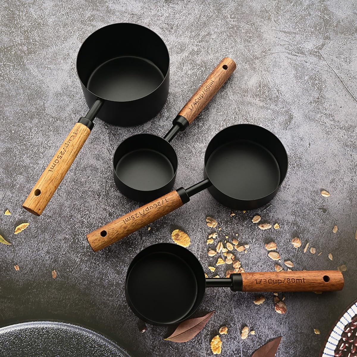 8 pieces Black Measuring Cups Set and Measuring Spoons Set with Scale Wooden Handle Stainless Steel Dry & Liquid Measuring Cup for Cooking Baking – Convenient Carry Handles for Flexible Room-to-Room Use
