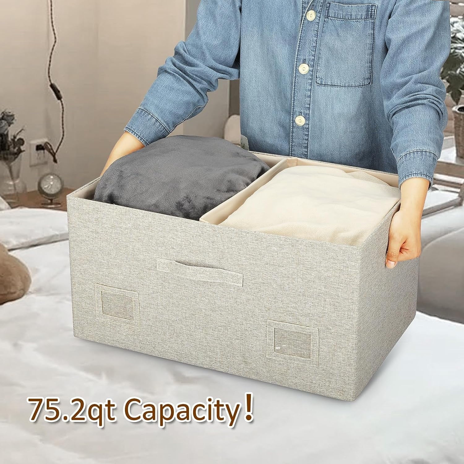 Medium 15" 21 Quart Collapsible Stackable Storage Bins with Lids 5 Packs Beige Foldable Fabric Closet Boxes Heavy-duty Lidded Linen Cube Baskets Container Organizers and Storage – Multiroom Organization Format for Flexible Room-to-Room Use