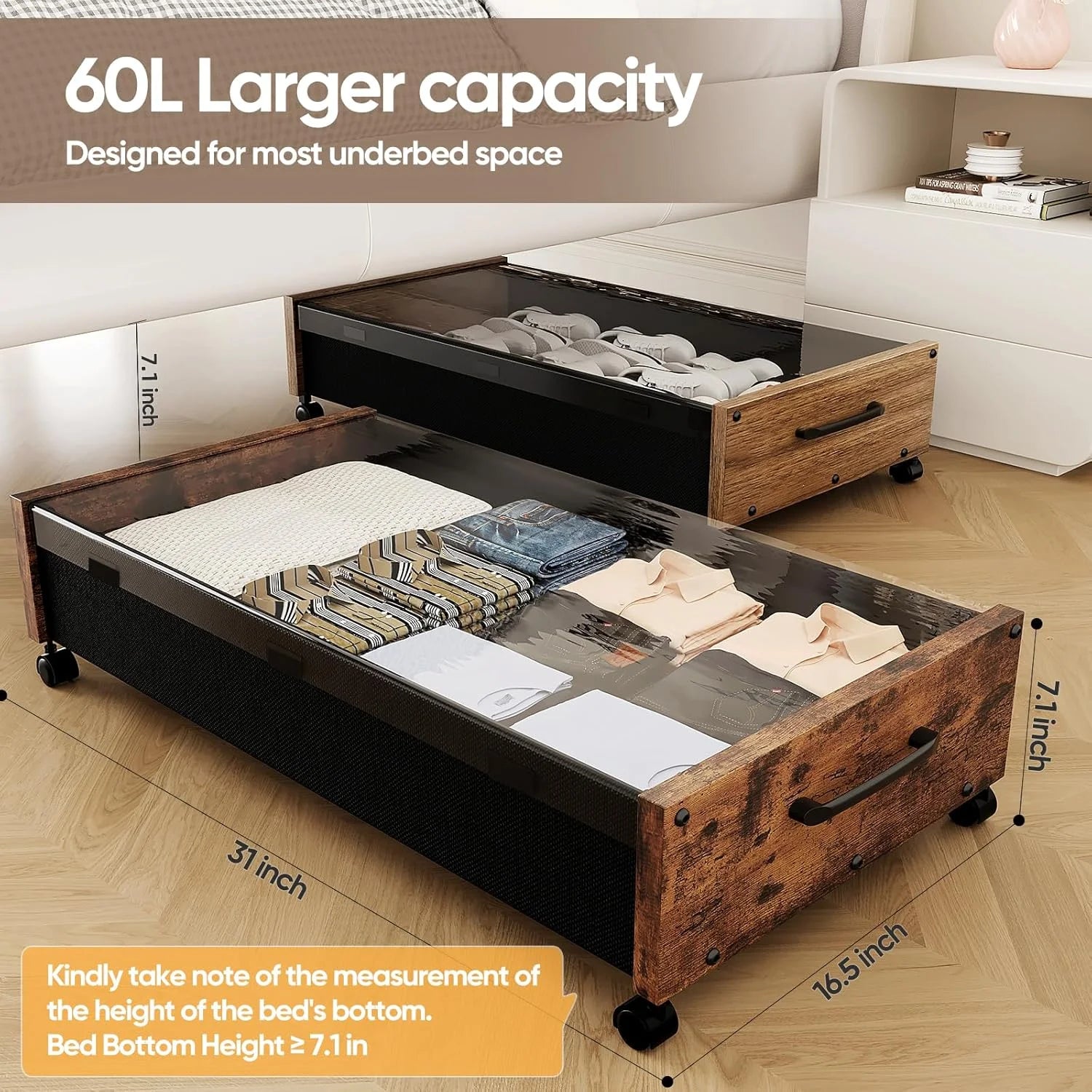 Wooden Under Bed Storage with Wheels Rolling Under the Bed Storage Bins with Removable Lid Metal Under Bed Drawers for Clothes and Shoes in Bedroom or Living Room(Black Wood-2pack) – Easy-Roll Mobility for Flexible Room-to-Room Use