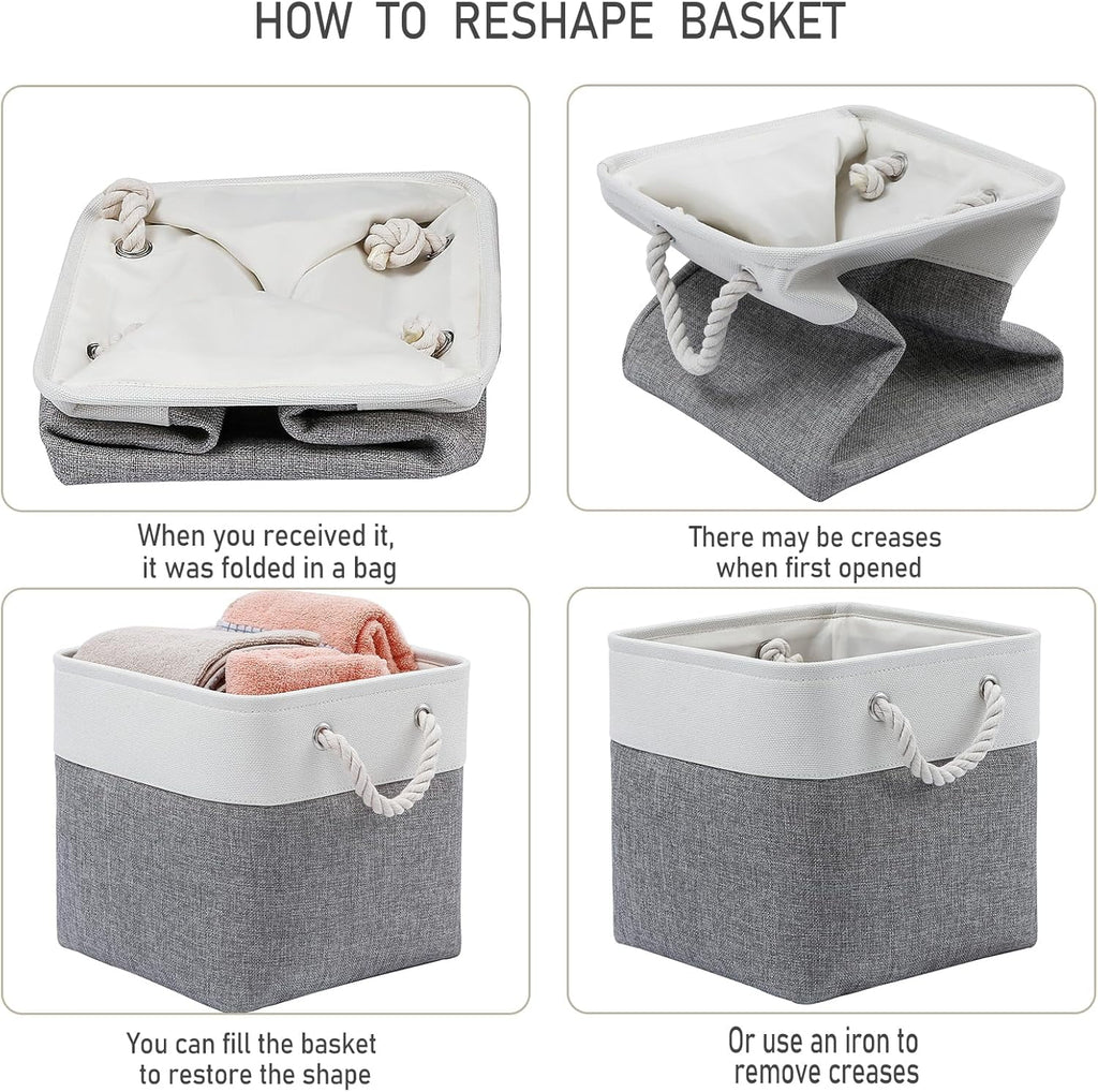 13 x 13 Inch Cube Storage Bins 6 Pack Extra Large Collapsible Fabric Storage Bin with Ropes Foldable Storage Cubes for Home (White & Beige-13"x13"x13") – Foldable Space-Saving Design for Flexible Room-to-Room Use