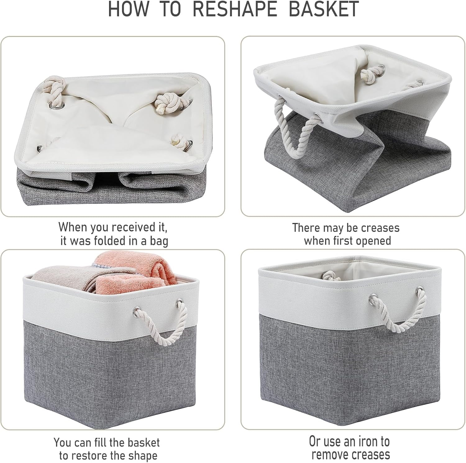 13 x 13 Inch Cube Storage Bins 6 Pack Extra Large Collapsible Fabric Storage Bin with Ropes Foldable Storage Cubes for Home (White & Beige-13"x13"x13") – Foldable Space-Saving Design for Flexible Room-to-Room Use