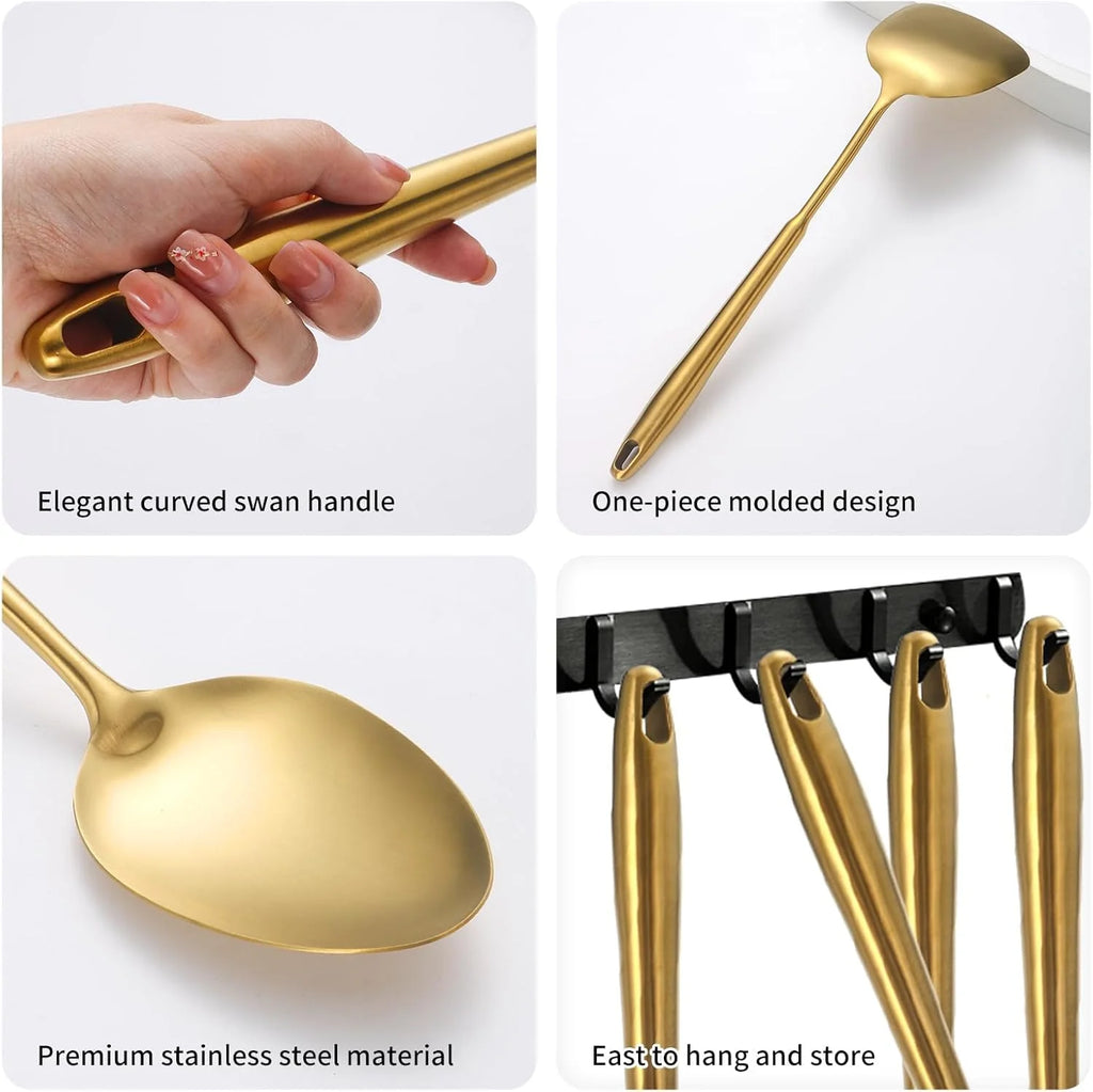 304 Stainless Steel Cooking Utensils,6 Pcs Kitchen Cooking Utensils Set with Spatula Solid Spoon Ladle Skimmer Spaghetti Spoon,Dishwasher Suitable(Gold) – Durable Stainless Steel Construction for Flexible Room-to-Room Use