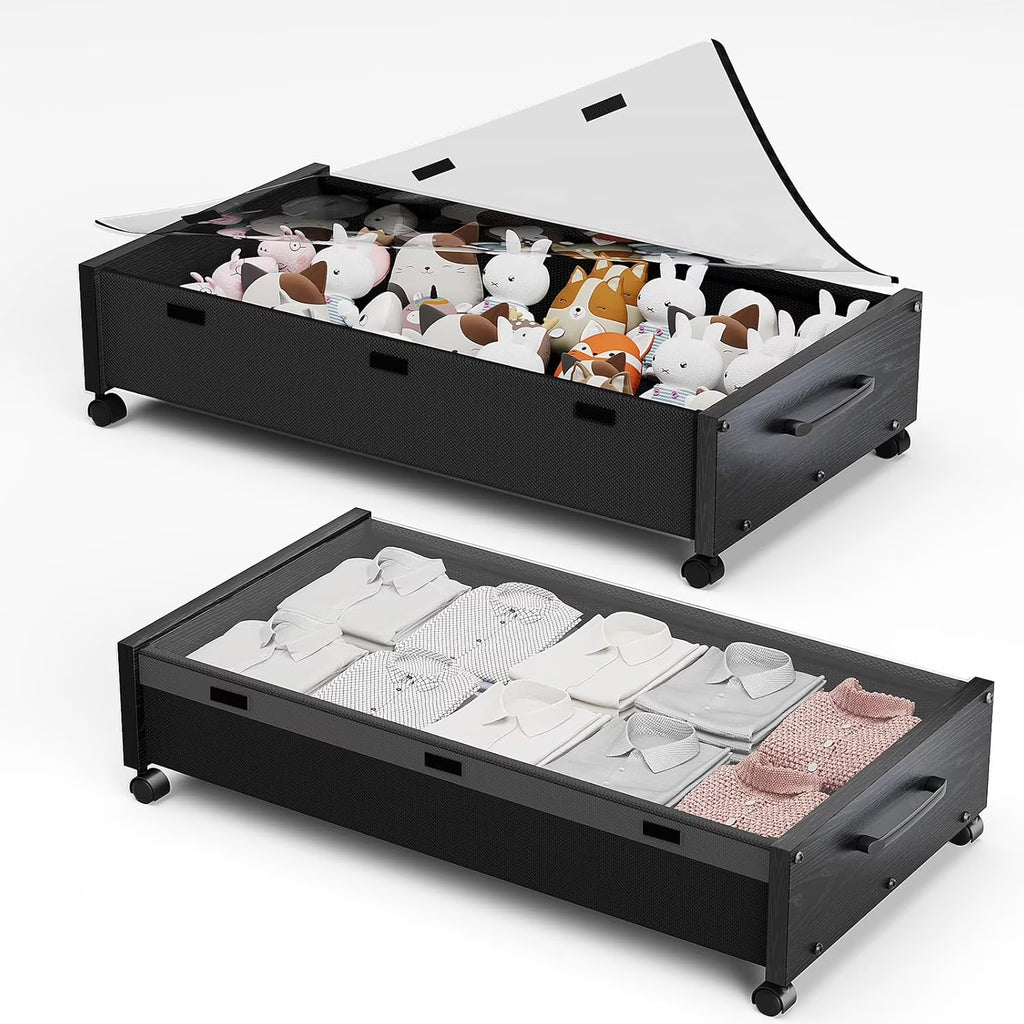 Wooden Under Bed Storage with Wheels Rolling Under the Bed Storage Bins with Removable Lid Metal Under Bed Drawers for Clothes and Shoes in Bedroom or Living Room(Black Wood-2pack) – Easy-Roll Mobility for Flexible Room-to-Room Use