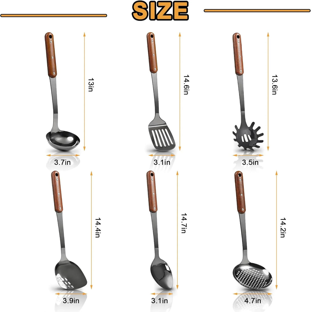 Stainless Steel Cooking Utensils Set Mirror Polished 6 Pieces Kitchen Utensils Set Kitchen Tools Set With Wooden Handle Non-Stick Heat Resistant,Dishwasher Suitable Easy to Clean – Convenient Carry Handles for Flexible Room-to-Room Use