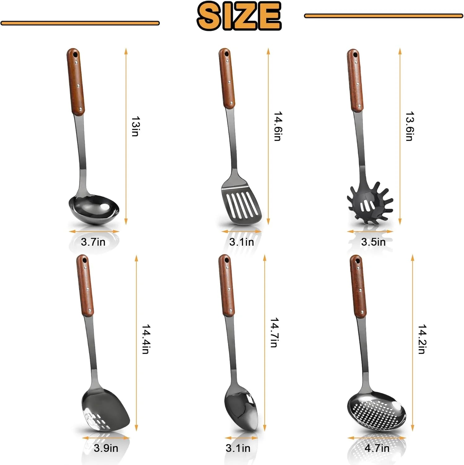 Stainless Steel Cooking Utensils Set Mirror Polished 6 Pieces Kitchen Utensils Set Kitchen Tools Set With Wooden Handle Non-Stick Heat Resistant,Dishwasher Suitable Easy to Clean – Convenient Carry Handles for Flexible Room-to-Room Use