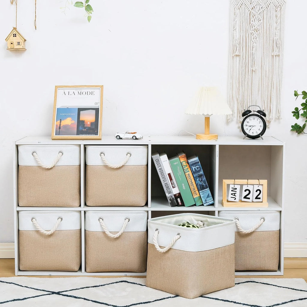 11 x 11 Inch Storage Cubes 6 Pack Large Collapsible Fabric Storage Bin White&Beige – Foldable Space-Saving Design for Flexible Room-to-Room Use