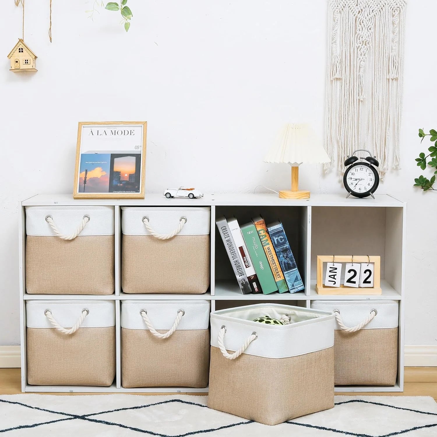 11 x 11 Inch Storage Cubes 6 Pack Large Collapsible Fabric Storage Bin White&Beige – Foldable Space-Saving Design for Flexible Room-to-Room Use