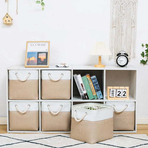 11 x 11 Inch Storage Cubes 6 Pack Large Collapsible Fabric Storage Bin White&Beige – Foldable Space-Saving Design for Flexible Room-to-Room Use