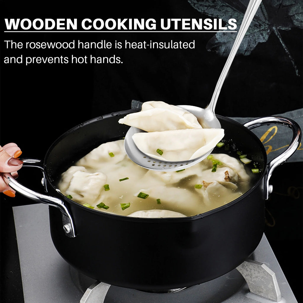 Long Handle Stainless Steel Wok Kitchen Slotted Turner Rice Spoon Ladle Cooking Tools Utensil Set – Convenient Carry Handles for Flexible Room-to-Room Use