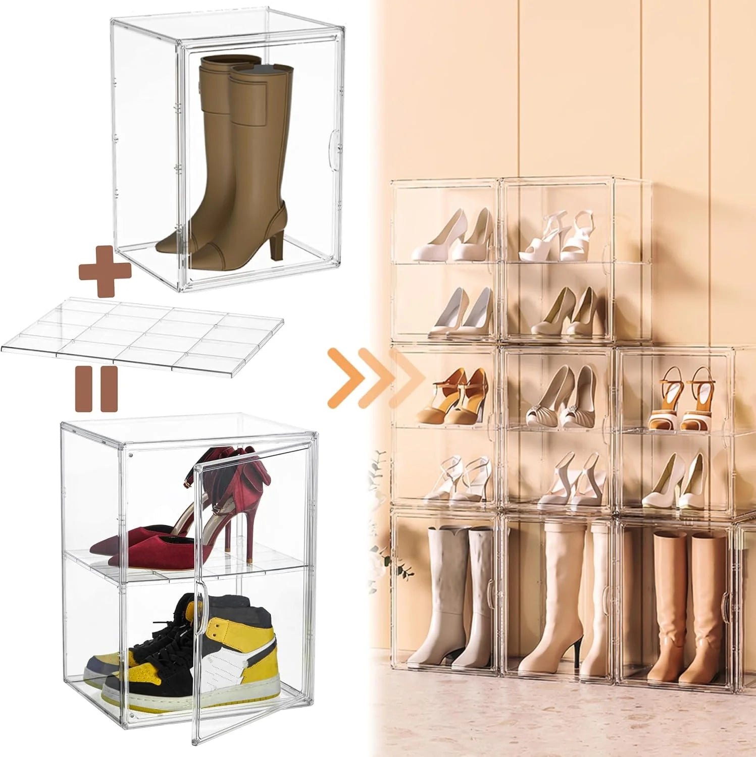 XXX-Large Clear Acrylic Display Case Boot Shoe Storage Boxes With An Adjustable Divider,2 Pack 2 Tiers Clear Plastic Stackable Storage Bins With Lids Big Display Acrylic Box With Magnetic Door – Everyday Household Format for Flexible Room-to-Room Use
