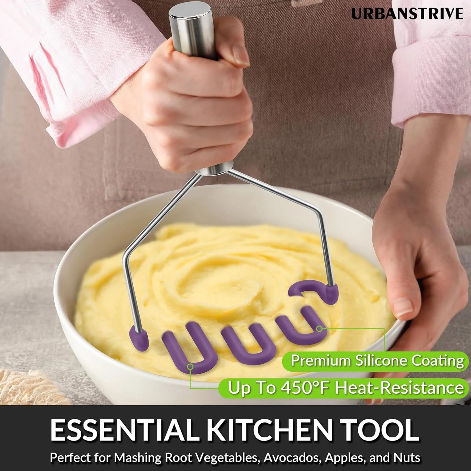 Scratch-resistant silicone potato mash maker kitchen tool stainless steel outer layer wrapped with durable silicone. – Durable Stainless Steel Construction for Flexible Room-to-Room Use