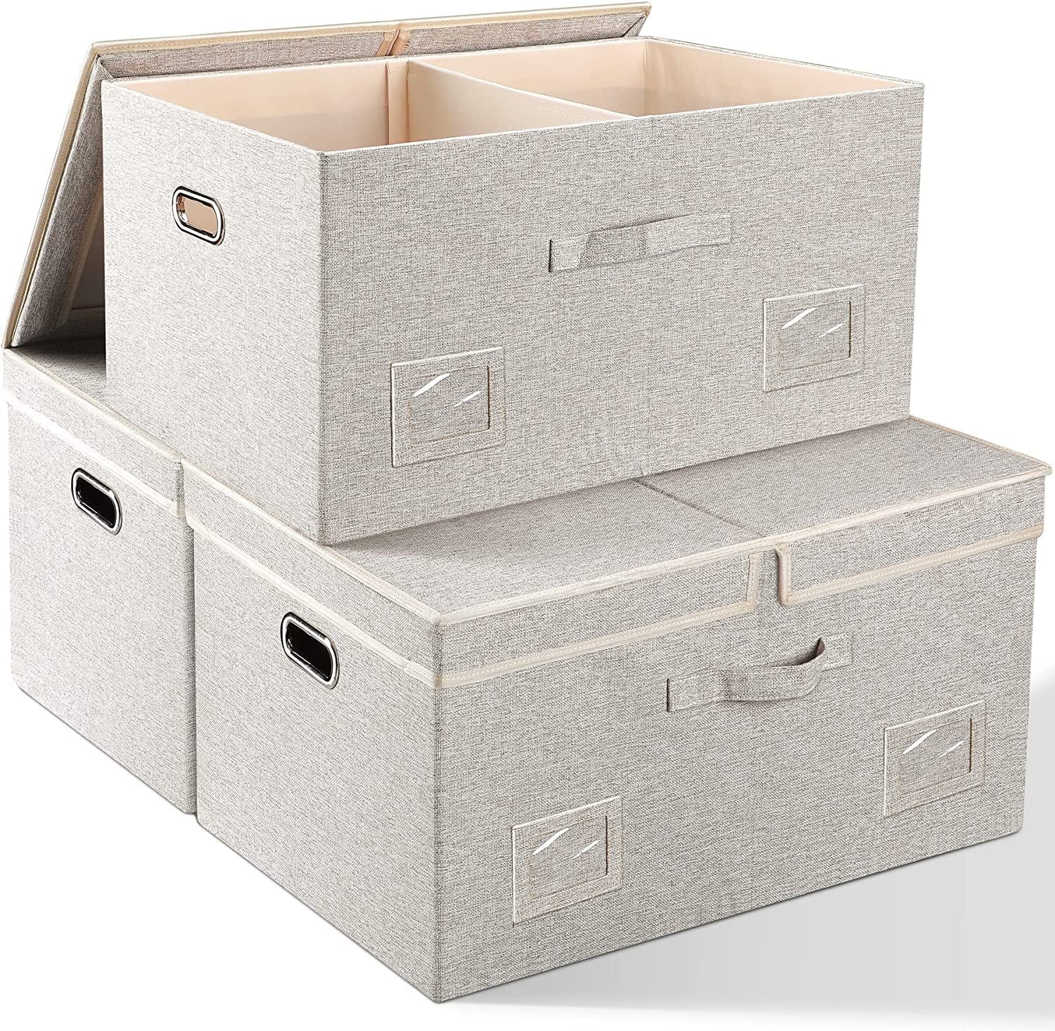 Medium 15" 21 Quart Collapsible Stackable Storage Bins with Lids 5 Packs Beige Foldable Fabric Closet Boxes Heavy-duty Lidded Linen Cube Baskets Container Organizers and Storage – Everyday Household Format for Flexible Room-to-Room Use