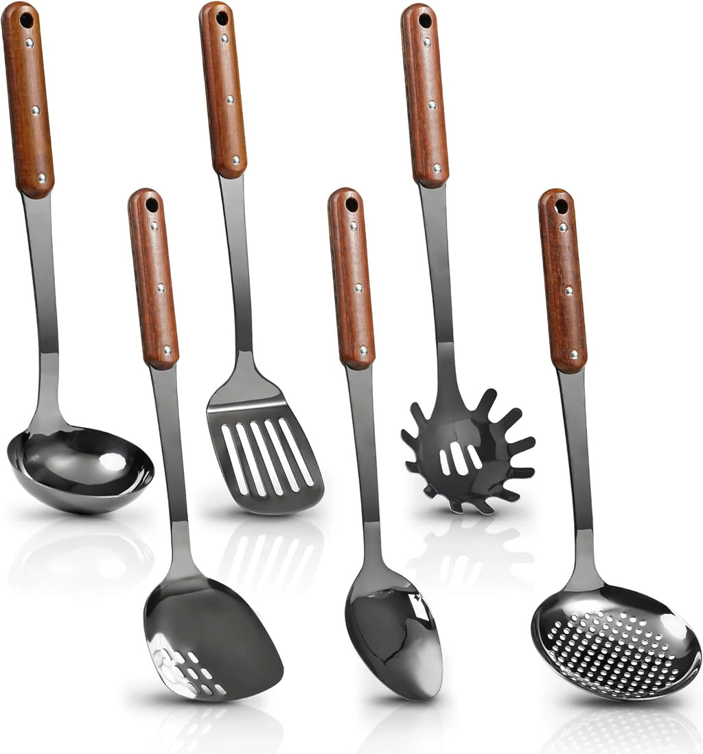 Stainless Steel Cooking Utensils Set Mirror Polished 6 Pieces Kitchen Utensils Set Kitchen Tools Set With Wooden Handle Non-Stick Heat Resistant,Dishwasher Suitable Easy to Clean – Convenient Carry Handles for Flexible Room-to-Room Use