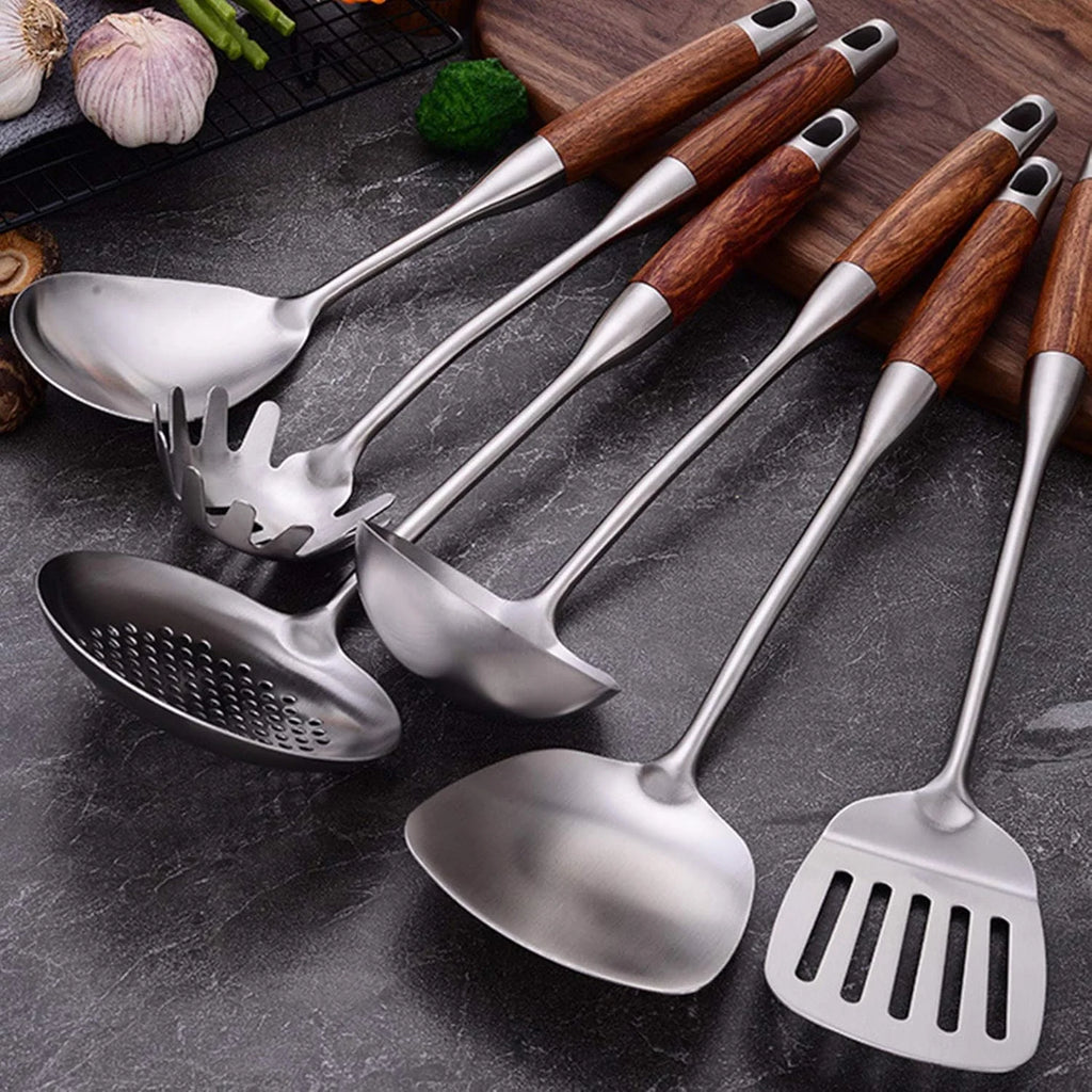 Cooking Utensils Set,7pcs 304 Stainless Steel Kitchen Utensils Set with Holder,Heat Resistant Wooden Handle Kitchen Tools – Convenient Carry Handles for Flexible Room-to-Room Use