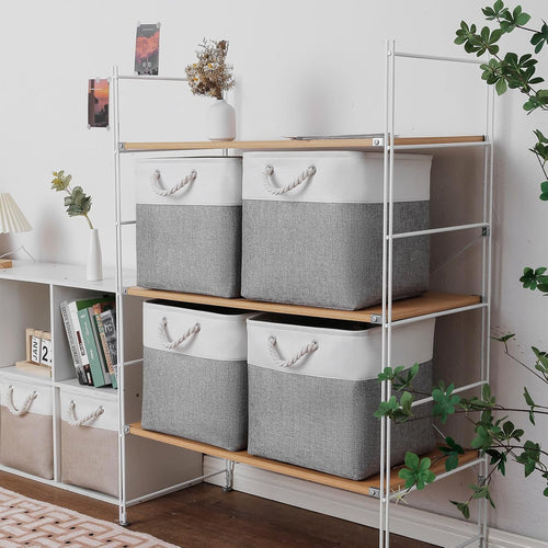 13 x 13 Inch Cube Storage Bins 6 Pack Extra Large Collapsible Fabric Storage Bin with Ropes Foldable Storage Cubes for Home (White & Beige-13"x13"x13") – Foldable Space-Saving Design for Flexible Room-to-Room Use