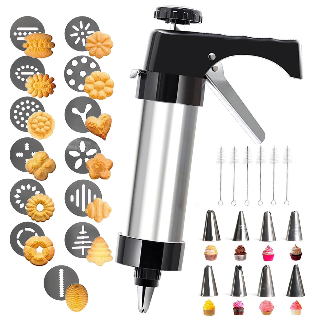 Stainless Steel Cookies Press Cookies Press for Baking,Cookie Press Gun Kit with 13 Cookie Discs and 8 Piping Tips for DIY cake Maker Decorating Baking Supplies – Durable Stainless Steel Construction for Flexible Room-to-Room Use