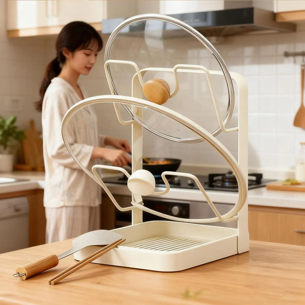 Kitchen Pot Lid Storage Rack 304 Stainless Steel Pot Lid Holder While Cooking Multifunctional Kitchen Pot Cover Organizer for Countertop With Removable Drip Tray – Durable Stainless Steel Construction for Flexible Room-to-Room Use
