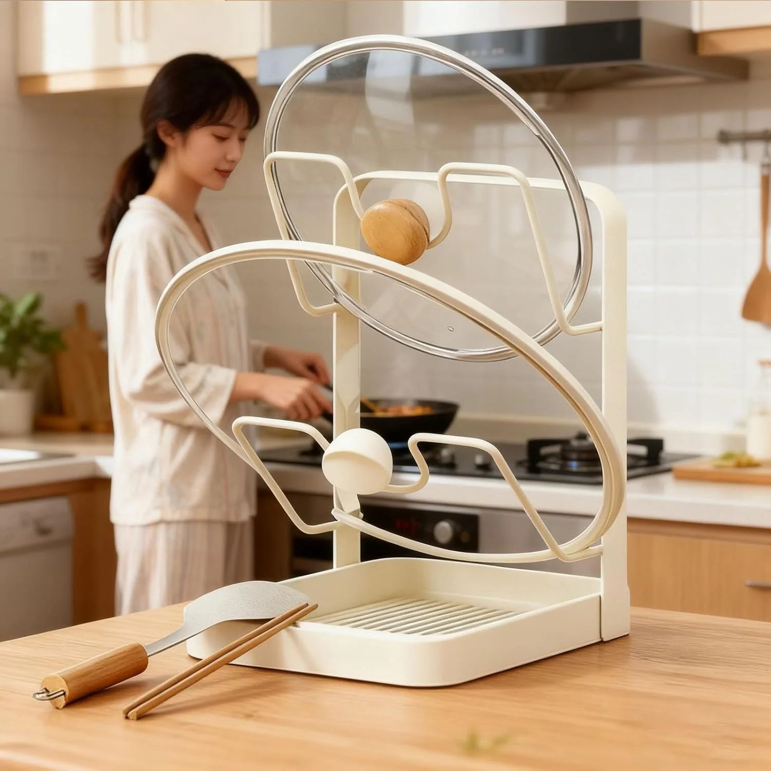 Kitchen Pot Lid Storage Rack 304 Stainless Steel Pot Lid Holder While Cooking Multifunctional Kitchen Pot Cover Organizer for Countertop With Removable Drip Tray – Durable Stainless Steel Construction for Flexible Room-to-Room Use